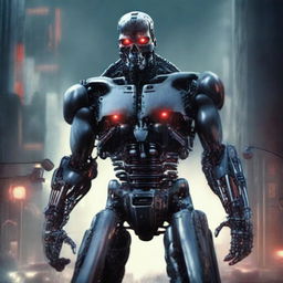 A highly detailed and realistic depiction of the Terminator, showcasing its menacing robotic features and red glowing eyes