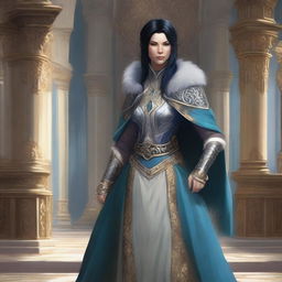 A Firbolg female with black hair and pale fur skin, age 40, with a gentle smile on her face