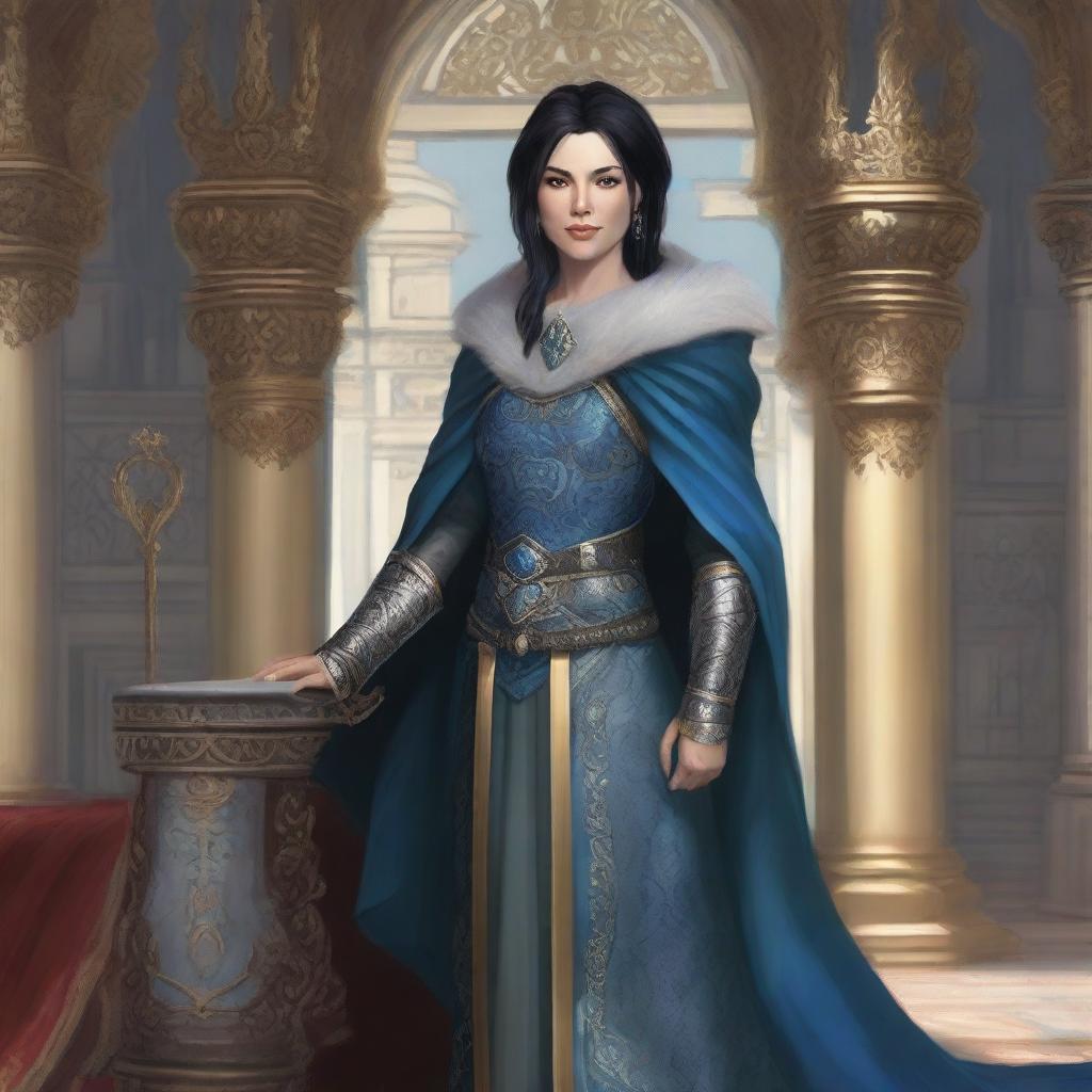 A Firbolg female with black hair and pale fur skin, age 40, with a gentle smile on her face