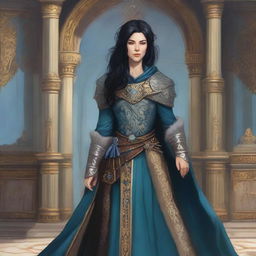 A Firbolg female with black hair and pale fur skin, age 40, with a gentle smile on her face