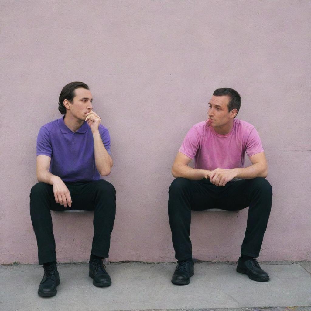 A 25-year-old man in a purple t-shirt and black pants sitting behind a wall smoking a cigarette, while a 40-year-old man in a black and pink suit stands beside him, engaged in an argument.