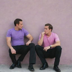 A 25-year-old man in a purple t-shirt and black pants sitting behind a wall smoking a cigarette, while a 40-year-old man in a black and pink suit stands beside him, engaged in an argument.