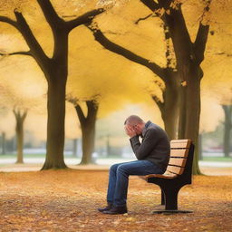 A man sitting alone on a park bench with his head in his hands, looking regretful