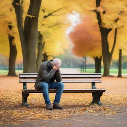 A man sitting alone on a park bench with his head in his hands, looking regretful