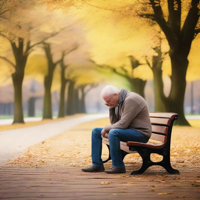 A man sitting alone on a park bench with his head in his hands, looking regretful