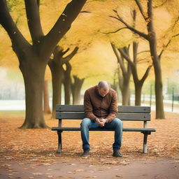 A man sitting alone on a park bench with his head in his hands, looking regretful