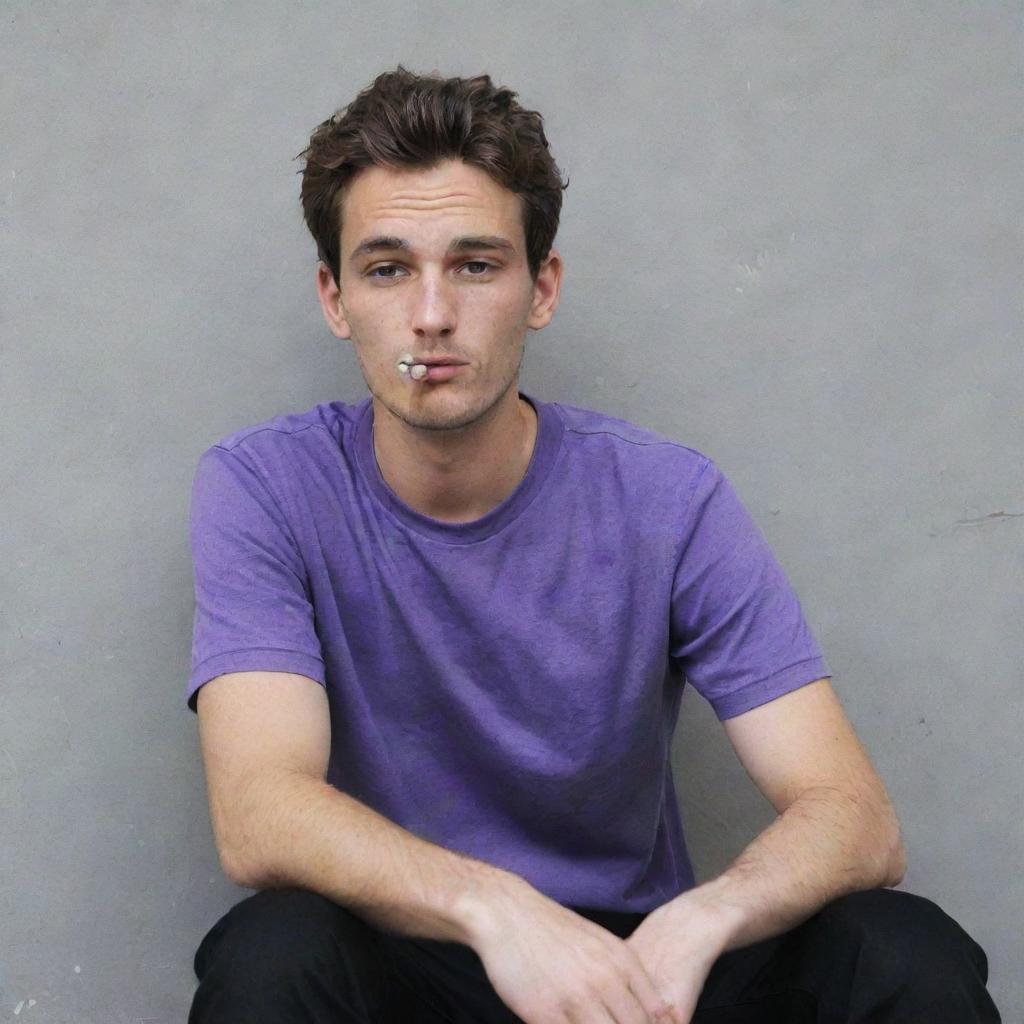 A 25-year-old man in a purple t-shirt and black pants sitting behind a wall, relaxed and smoking a cigarette.