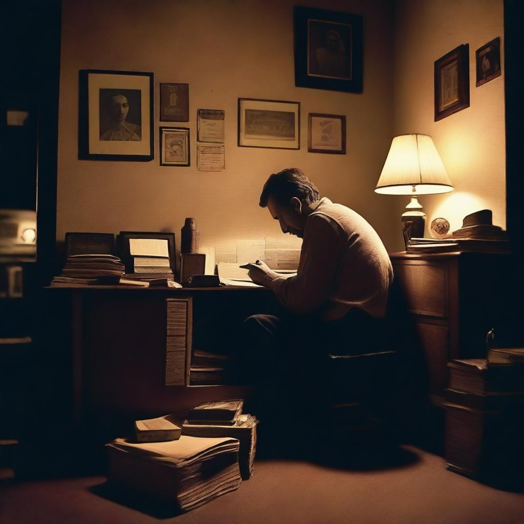 A man sitting alone in a dimly lit room, looking regretful as he stares at an old photograph