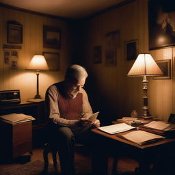 A man sitting alone in a dimly lit room, looking regretful as he stares at an old photograph