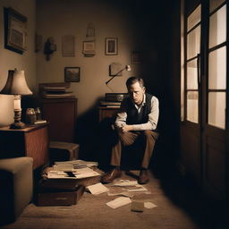 A man sitting alone in a dimly lit room, looking regretful as he stares at an old photograph