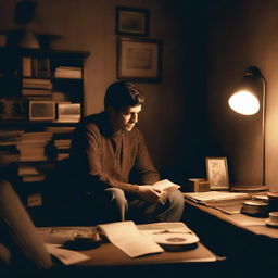 A man sitting alone in a dimly lit room, looking regretful as he stares at an old photograph