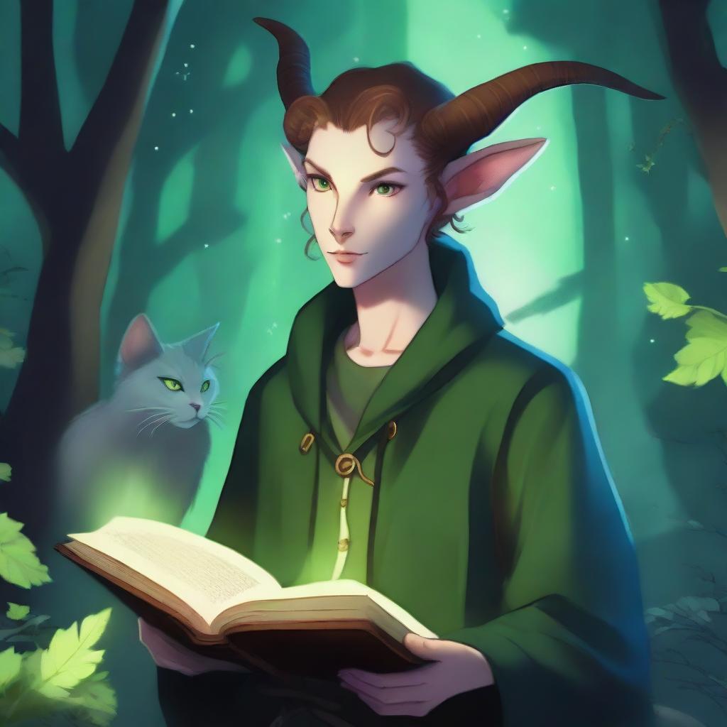 A 16-year-old male Tiefling with small horns, pale skin, and green cat-like eyes