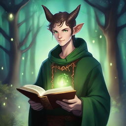 A 16-year-old male Tiefling with small horns, pale skin, and green cat-like eyes