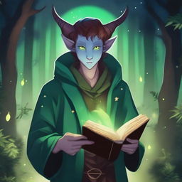 A 16-year-old male Tiefling with small horns, pale skin, and green cat-like eyes