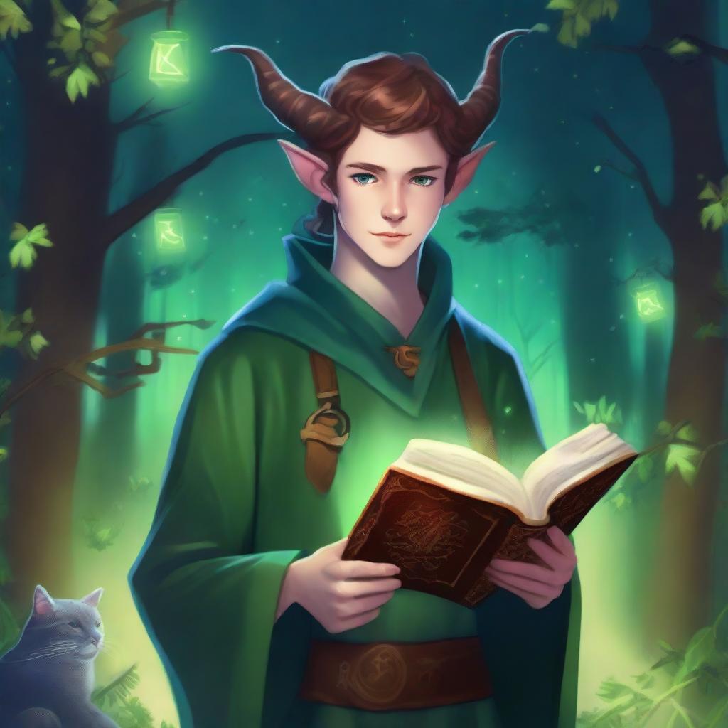 A 16-year-old male Tiefling with small horns, pale skin, and green cat-like eyes