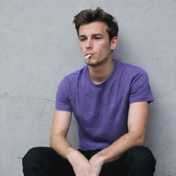 A 25-year-old man in a purple t-shirt and black pants sitting behind a wall, relaxed and smoking a cigarette.