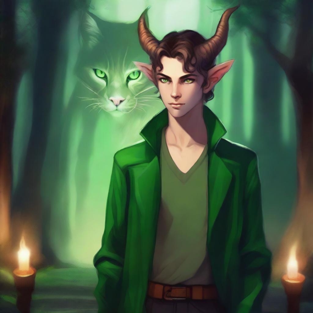 A 16-year-old male Tiefling with small horns, pale skin, and striking green cat-like eyes