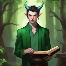 A 16-year-old male Tiefling with small horns, pale skin, and striking green cat-like eyes