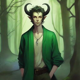 A 16-year-old male Tiefling with small horns, pale skin, and striking green cat-like eyes