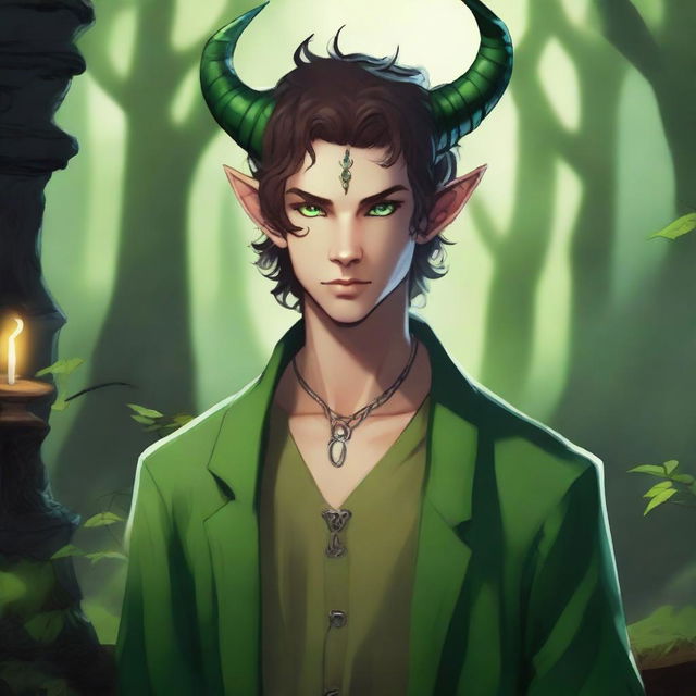 A 16-year-old male Tiefling with small horns, pale skin, and striking green cat-like eyes