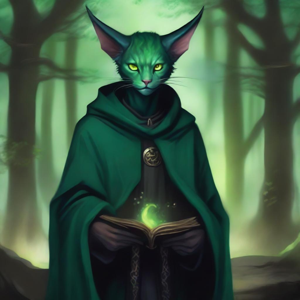 A 16-year-old male Tiefling with small horns, pale skin, and striking green cat-like eyes