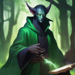 A 16-year-old male Tiefling with small horns, pale skin, and striking green cat-like eyes