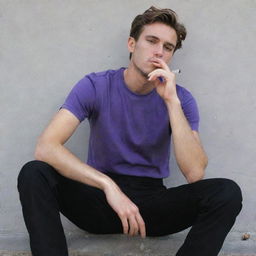 A 25-year-old man in a purple t-shirt and black pants sitting behind a wall, relaxed and smoking a cigarette.