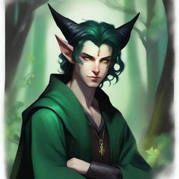 A 16-year-old male Tiefling with small horns, pale skin, and striking green cat-like eyes