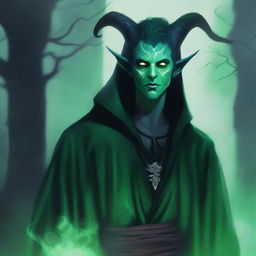 A 16-year-old male Tiefling with small horns, pale skin, and striking green eyes