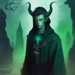 A 16-year-old male Tiefling with small horns, pale skin, and striking green eyes