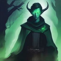 A 16-year-old male Tiefling with small horns, pale skin, and striking green eyes