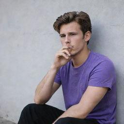 A 25-year-old man in a purple t-shirt and black pants sitting behind a wall, relaxed and smoking a cigarette.