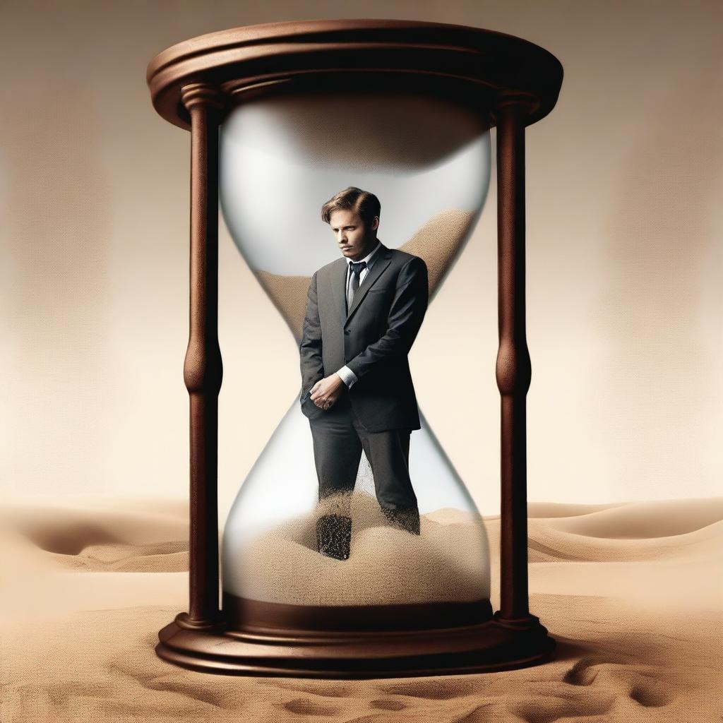 A detailed image of a man trapped inside an hourglass, looking regretful