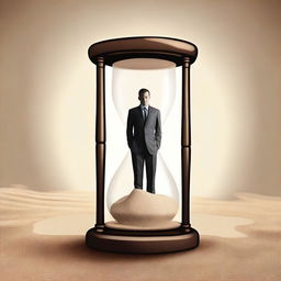 A detailed image of a man trapped inside an hourglass, looking regretful