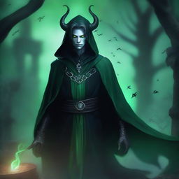 A 16-year-old male Tiefling with small horns, white pale skin almost snow-like, and striking green eyes