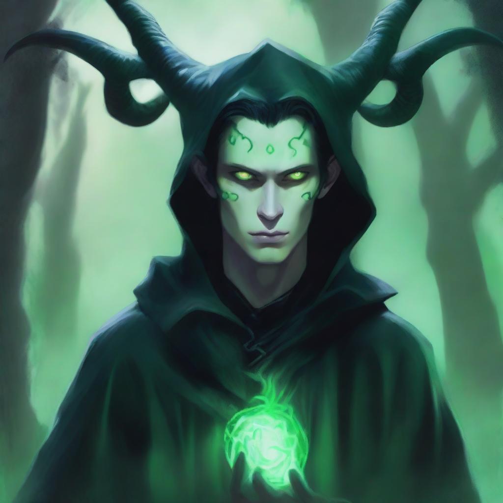 A 16-year-old male Tiefling with small horns, white pale skin almost snow-like, and striking green eyes