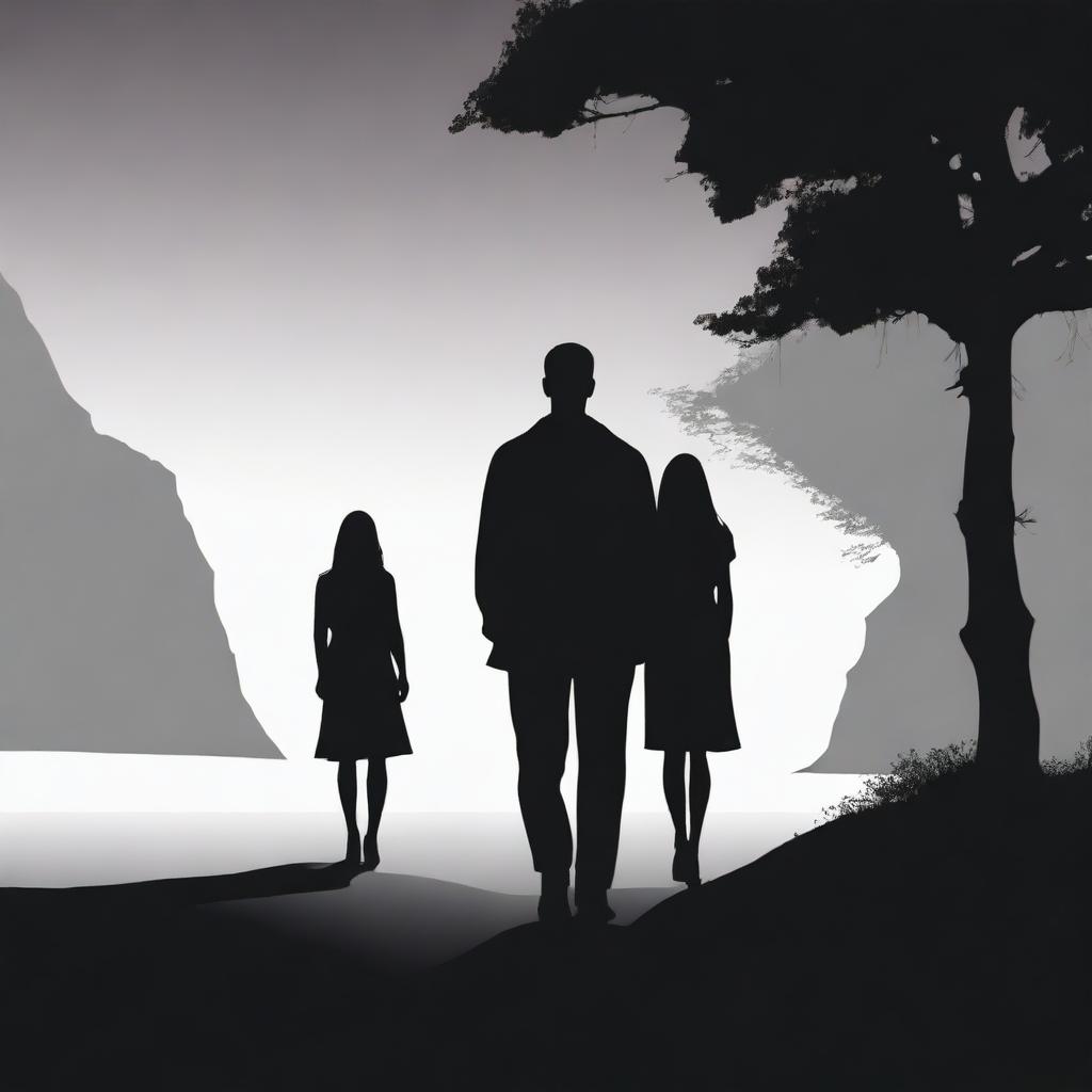 A silhouette of a man looking sorrowful or regretful, with a woman walking away confidently