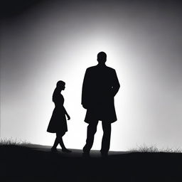 A silhouette of a man looking sorrowful or regretful, with a woman walking away confidently