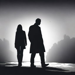 A silhouette of a man looking sorrowful or regretful, with a woman walking away confidently