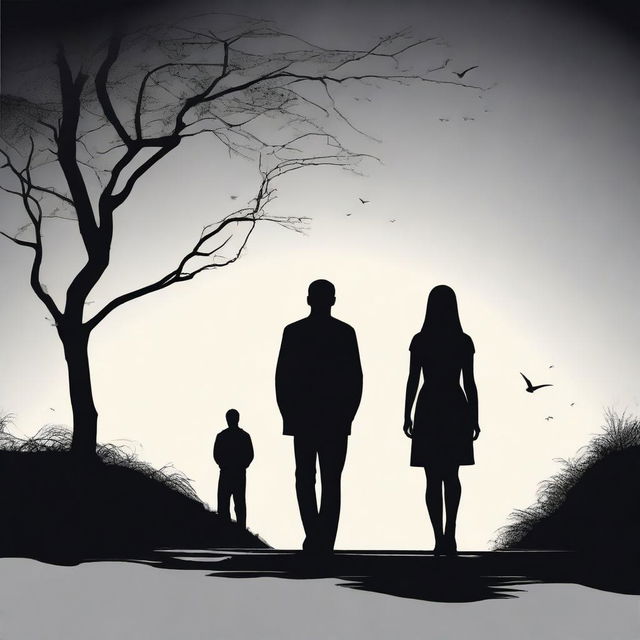 A silhouette of a man looking sorrowful or regretful, with a woman walking away confidently