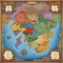 A detailed and colorful map of a fictional continent, showcasing three distinct kingdoms