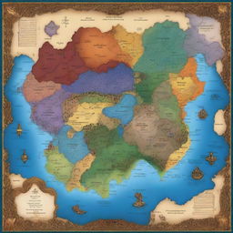 A detailed and colorful map of a fictional continent, showcasing three distinct kingdoms