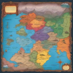 A detailed and colorful map of a fictional continent, showcasing three distinct kingdoms