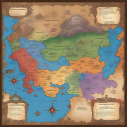 A detailed and colorful map of a fictional continent, showcasing three distinct kingdoms