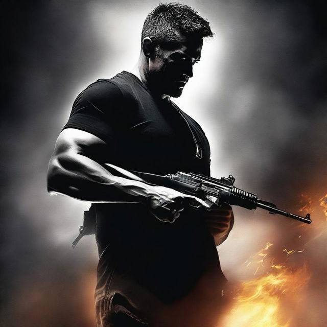 Design a movie cover featuring a man in a black shirt holding an AK rifle