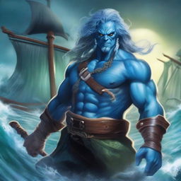 An angry male pirate Water Genasi with blue skin, seaweed-like hair, and wearing a pirate outfit