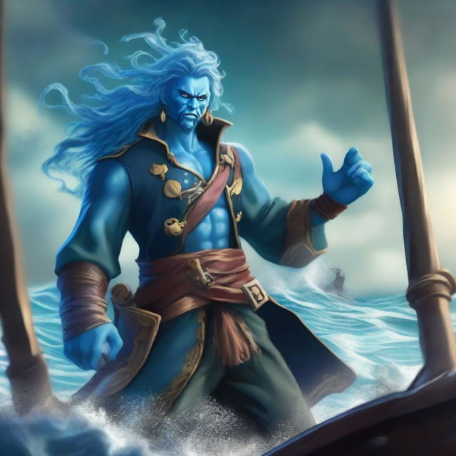 An angry male pirate Water Genasi with blue skin, seaweed-like hair, and wearing a pirate outfit