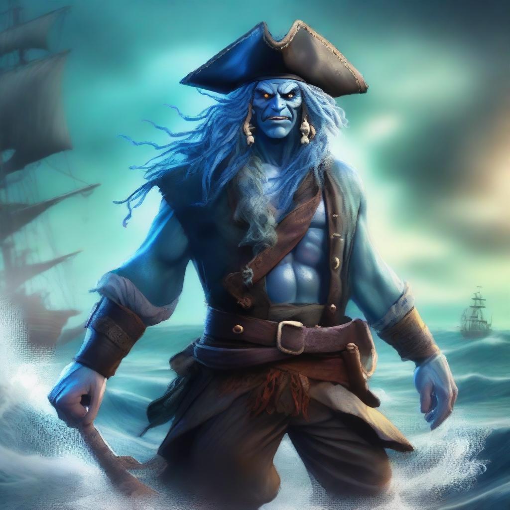 An angry male pirate Water Genasi with blue skin, seaweed-like hair, and wearing a pirate outfit with a large pirate hat