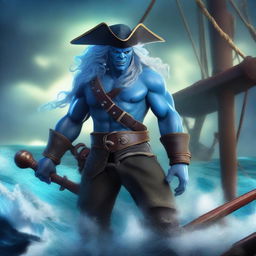 An angry male pirate Water Genasi with blue skin, seaweed-like hair, and wearing a pirate outfit with a large pirate hat