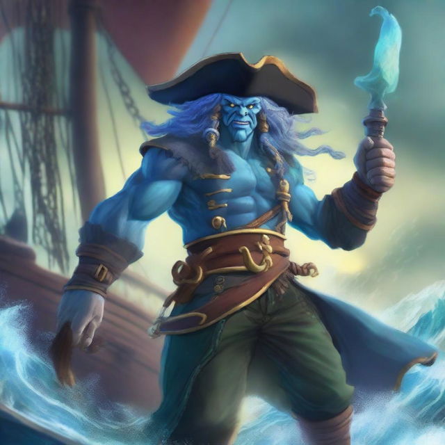 An angry male pirate Water Genasi with blue skin, seaweed-like hair, and wearing a pirate outfit with a large pirate hat